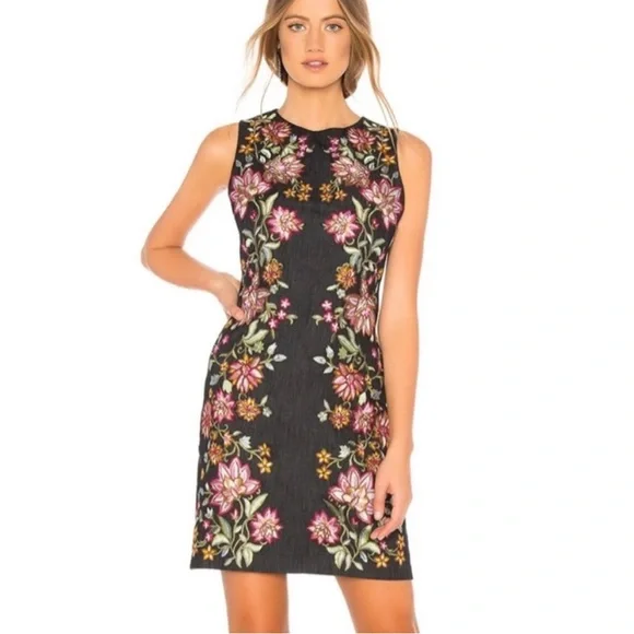 sachin and babi light blue dress Adrianna Papell Floral Embroidered Lace Trimmed Midi Dress - Blue Multi